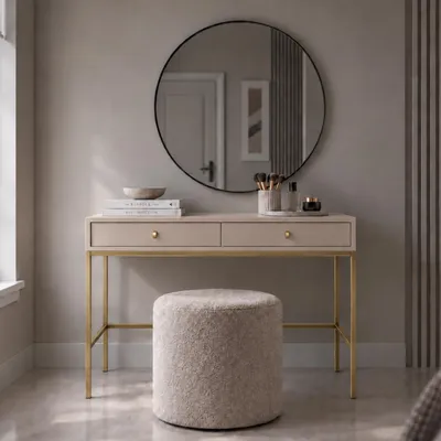 Productafbeelding van Make-uptafel BARI T2SZ, beige met gouden handgrepen, gouden metalen frame. Kaptafel, console