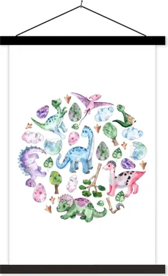 Produktbild von MuchoWow® Textilposter Dinosaurier - Muster - Kinderzimmer - Mädchen - Kinder - Rosa - Kind 120x180 cm mit schwarzem Rahmen - Fotos