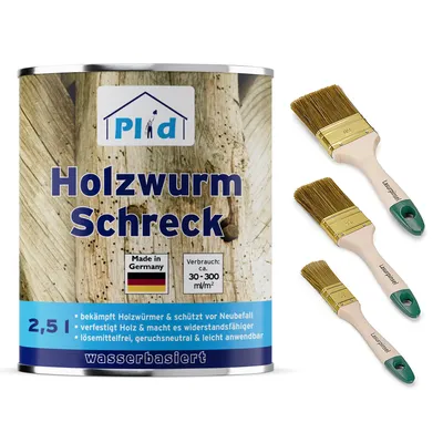 Produktbild von Holzwurm-Schreck farblos 2,5l + Pinselset 3-tlg. / Effektiver Holzschutz Innen & Außen Holzwürmer & Holzbohrkäfer
