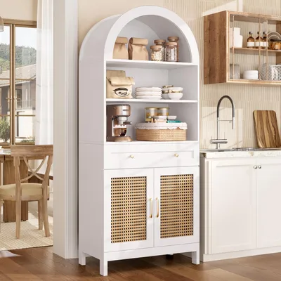 Image de Meubles Flieks : Armoires hautes modernes de 170 cm avec portes en osier, meuble de rangement avec 2 portes et 1 tiroir, buffet de 70x40x170 cm, finition blanche et imitation bois, Image générée par une IA