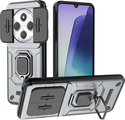Immagine prodotto di Custodia per Xiaomi Redmi 14C a doppio strato con protezione scorrevole della fotocamera e supporto ad anello, stand Grey