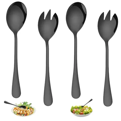 Salatbesteck-Set 4-teilig, Edelstahl, Salatlöffel und -gabel, schwarz