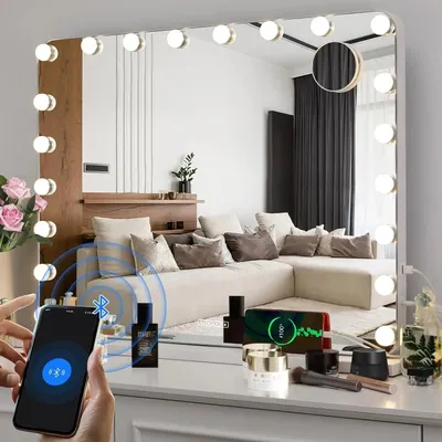 Obrázok produktu pre Hollywoodské zrkadlo s osvetlením – 20 LED lampičiek – Bluetooth reproduktor – 3 úrovne osvetlenia – USB port