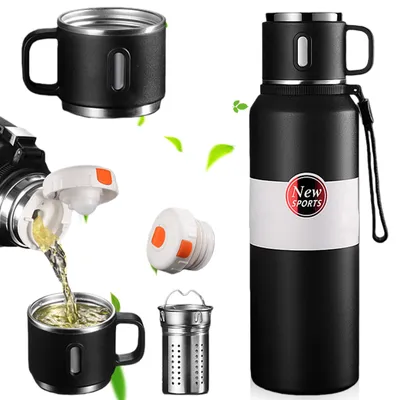 Thermosflasche 1,5 L Edelstahl mit Teesieb, schwarz