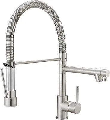 Zdjęcie produktu dla Bateria zmywakowa wysokociśnieniowa z wyciąganą wylewką, obracana o 360°, jednouchwytowa, nikiel szczotkowany
