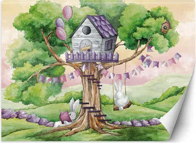 Immagine prodotto di Murale XXL casetta sull'albero per conigli bianchi carta da parati 350x245 cm colore Verde tema Per bambini e ragazzi