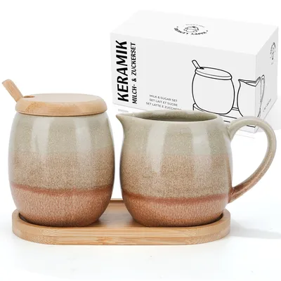 Melk- und Zuckerset aus Keramik, 300 ml + 280 ml, mit Bambusbrett