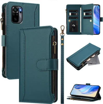 Obrázek produktu pro Pouzdro pro Xiaomi Redmi Note 10 4G/Note 10S/Poco M5s, zipem, peněženkovéPolyuretankožené flip pouzdro s kapsami na karty, stojánkem a poutkem na ruku zelený