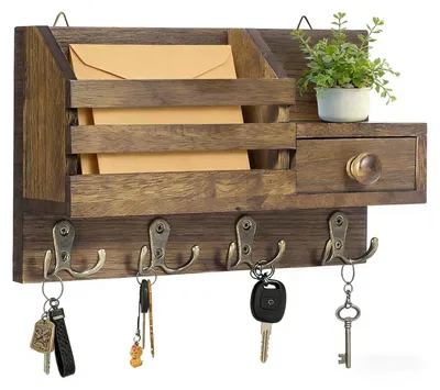 Image de Porte-clés avec 4 crochets, comprenant un tiroir, une étagère en bois, de couleur marron, idéal pour l'entrée