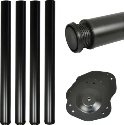 A set of four black table legs and mounting plates are displayed against a white background.