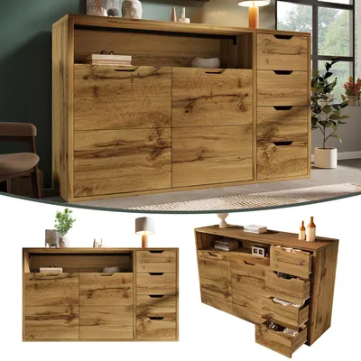 Image de Buffet de 150x40x90 cm avec 4 tiroirs et 2 portes, commode avec compartiment ouvert et étagères réglables, meuble de rangement avec système de fermeture douce et système anti-basculement, aspect chêne