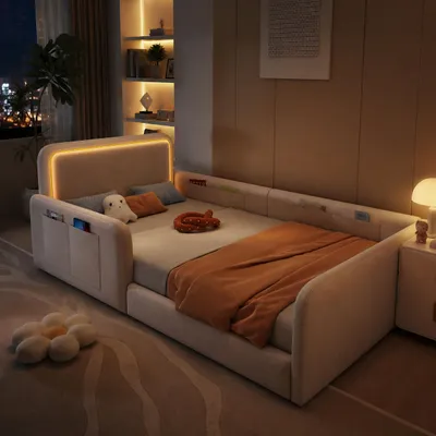 Productafbeelding van Gestoffeerd bed 90x200 cm, met LED-verlichting, met opbergruimte, met gestoffeerd hoofdeinde, met lattenbodem, beige
