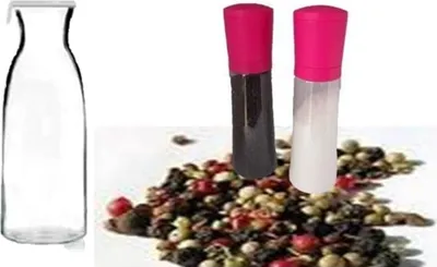 Produktbild von Karaffe mit Silikondeckel Volumen 1 Liter Glaskaraffe 1000ml Glas Wasserflasche aus Dickes Glas Wasserkrug mit Silikon Deckel Karaffe Karaffe plus Salz und Pfeffermühle