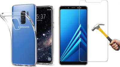 Produktbild von 2in1 Schutzglas Schutzhülle kompatibel mit Panzerglas Samsung Galaxy A8 plus Displayfolie Schutzglas Silikon Schutz-Set Schutzhülle TPU Hülle transparent Flexibel Cover Handyhülle Glasfolie
