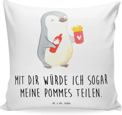 Produktbild von Mr. & Mrs. Panda kuschelkissen 40x40 Pinguin Pommes - Weiß - Geschenk, Jahrestag, Freund, Sofakissen, für Frauen, Kissen, Partner, Dekokissen, Hochzeitstag, Valentinstag
