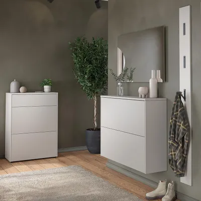 Produktbild von Garderoben-Set mit Spiegel & Garderobenpaneel in beige und Eiche, 4-teilig - BAIANO-01
