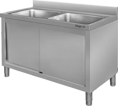Zdjęcie produktu dla Gastronomiczny zlewozmywak ze stali nierdzewnej dwukomorowy przyścienny z szafką Mega-M 120x70x85 cm