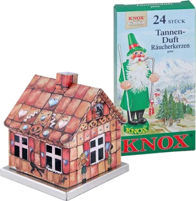 Produktbild von KNOX - Räucherhaus Metall Lebkuchenhaus mit Räucherkerzen Tannenduft - Inhalt 24 Stück, Größe M (Standard) - 202022