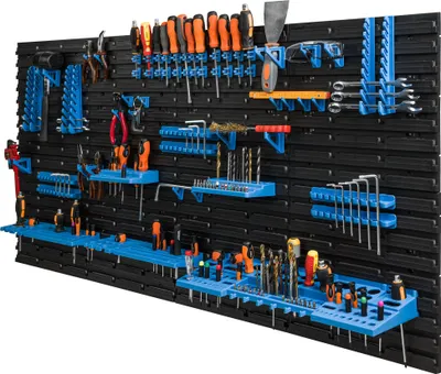 A wall-mounted tool organizer filled with various tools.