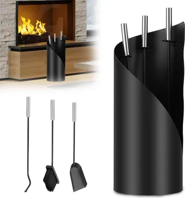 Produktbild von Vigevee Kaminbesteck 4-teilig Schwarz Kamingarnitur Kaminzubehör Set mit Schürhaken Ascheschaufel Kaminbesen und Ständer, Metall