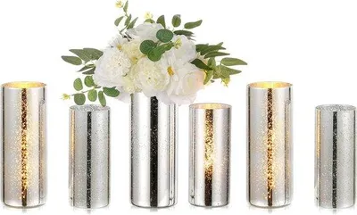 Produktbild von Famanu Windlicht Set aus 6 großen Glas-Kerzenhaltern - Silber