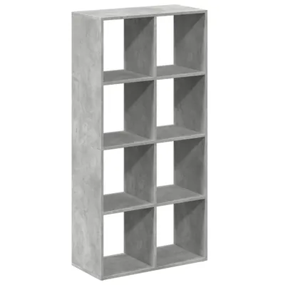 A tall, narrow, concrete-gray bookshelf with eight square compartments, presented against a white background.
