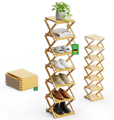 Immagine prodotto di Scaffale pieghevole per scarpe, 7 ripiani, bambù, 138 cm, salvaspazio, multifunzionale