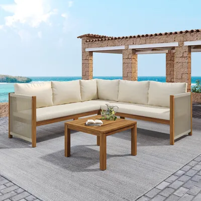 Image de Ensemble de mobilier de jardin comprenant un canapé d'angle et une table basse, structure et plateau en acacia, design en corde tressée, couleur beige, résistant aux intempéries, pour le jardin et la terrasse