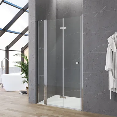 Produktbild von Duschabtrennung aus stabilem ESG Sicherheitsglas Nischentür durchsichtige Falttür Duschwand Drehtür Falttür an Festteil 90 x 187cm mit Duschablagen