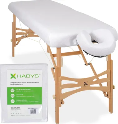Produktbild von Habys Set | Einteiliges Frottee Spannlaken für klappbare Massageliegen Massagetische 60-65/180-185 | + Frottee-Bezug für die Kopfstütze | Weiß
