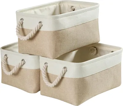 Imagen del producto de Juego de 3 cestos de tela para almacenamiento, con cuerda, color beige y blanco