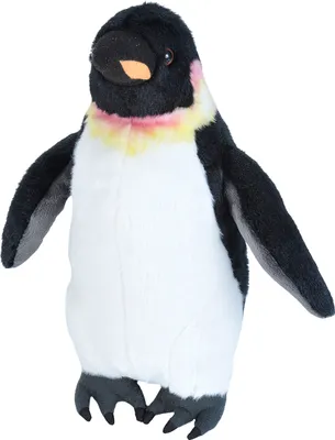A plush toy penguin is shown against a white background.