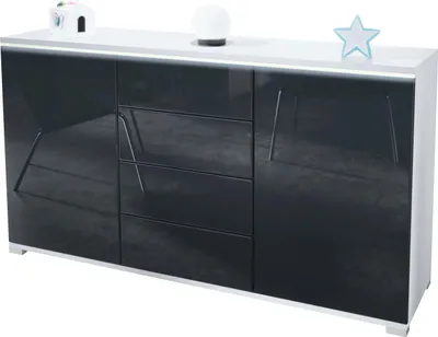 A modern sideboard with a glossy black front and white top, featuring LED lighting.