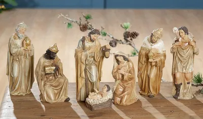 Produktbild von Gilde 7-tlg. Set Krippenfiguren naturfarben Heilige Familie + Könige + Schäfer H: 20 cm 99133