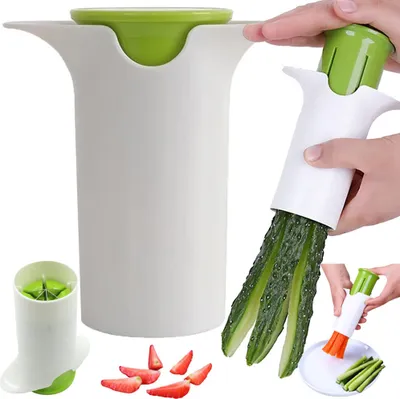 A collage of images showing a vegetable and fruit slicer in use and its components.
