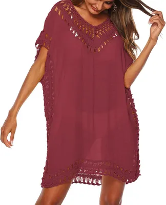 Produktbild von Damen-Strandkleid mit V-Ausschnitt und kurzen Ärmeln, offenes, gehäkeltes Design, Einheitsgröße