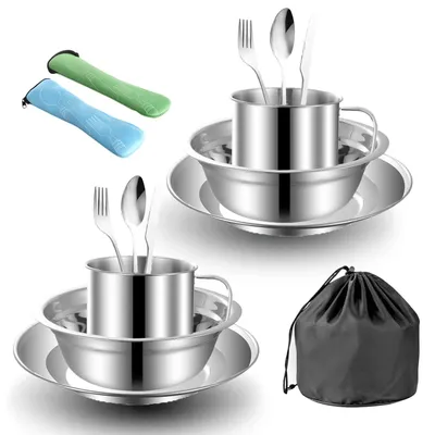 Produktbild von Campingbesteck 15-teilig, Edelstahl, für 2 Personen, mit Aufbewahrungstasche, für Picknick