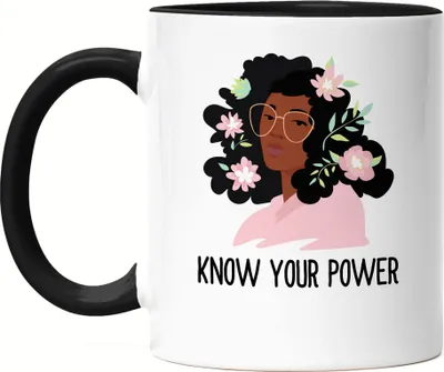 Produktbild von Tasse Schwarz Know Your Power Spruch Motiv Geschenk für Superheldinnen Frauenpower Frauentag Feminismus