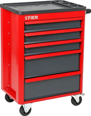 Produktbild von STIER Werkstattwagen Basic+, Kunststoffabdeckung, unbestückt, max. 185 kg Belastung, Rot-Dunkelgrau, 883x620x410mm, 5 Schubladen (3x80mm, 2x175mm) je 500x350mm (BxT)