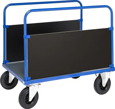 Produktbild von Kongamek Plattformwagen in blau 1200x800x900mm mit verzinkter Ladefläche und 2 stirnseitigen Wänden mit Gummibereifung und Bremse