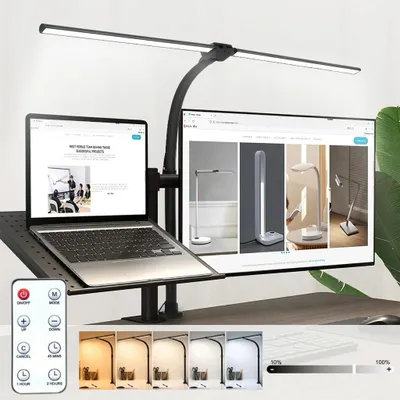 Produktbild von LED Klemmleuchte Schreibtisch 80cm, Fernbedienung, Doppelkopf Arbeitslampe mit 5 Lichtfarben und Stufenlose Dimmung, Flimmerfreie Augenschutz Lampe,