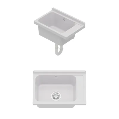 Two views of a white sink basin with plumbing.