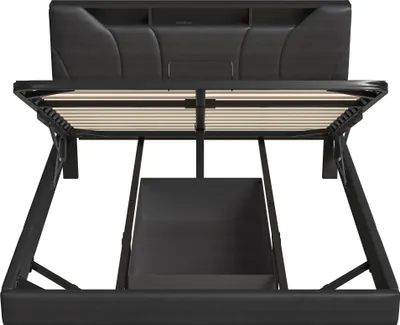 Obrázek produktu pro Čalouněná manželská postel 140x200 cm - s USB a LED osvětlením - Rám postele s úložným prostorem pod čelem a úložným boxem, vPolyuretan šedé barvě