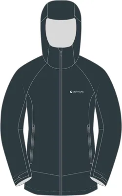 Hardshelljacke "Spirit Jacket" von Montane in dunkler Farbe mit Kapuze und Reißverschlusstaschen.