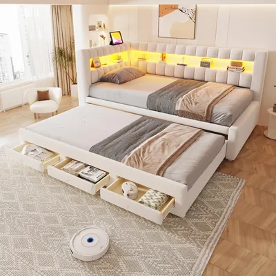 Produktbild von Schlafsofa 90 x 190 cm mit Ausziehbett, 2 Schubladen & Stauraum, LED-Beleuchtung, USB & Typ-C, gepolstertes Kopfteil und Rückenlehne, Samt Beige