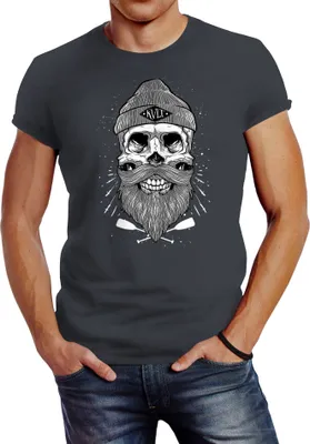 Produktbild von Herren T-Shirt Captain Skull Beard Totenkopf Bart Kapitän Slim Fit Neverless® dunkelgrau 3XL
