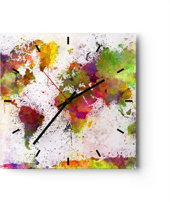 Produktbild von Wanduhr - Quadrat - Glasuhr - Karte Welt modern - 30x30cm - Schleichendes Uhrwerk - Lautlos - zum Aufhängen bereit - Dekoration Modern - Wanddekoration aus Glas - C3AC30x30-3701