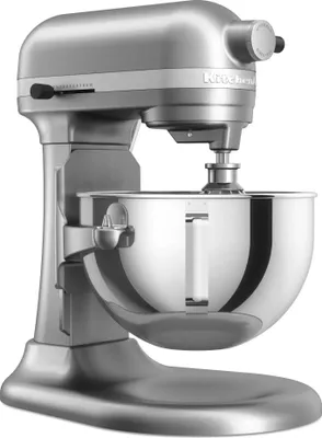 A silver KitchenAid stand mixer is shown against a white background.