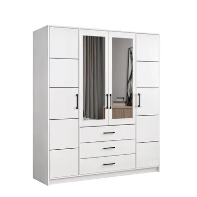 Produktbild von Drehtürenschrank Kleiderschrank 200 cm breit mit Spiegeln, 3 Schubladen und dekorativen streifen – Weiß mit schwarzen Griffen