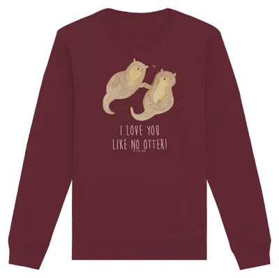 Produktbild von Mr. & Mrs. Panda Baumwoll Sweatshirt Otter Hände halten Größe S - Burgundy - Geschenk, Seeotter, Pullover, Romantisch, Bio-Pullover, glücklich, Verliebt, Liebe, Pulli